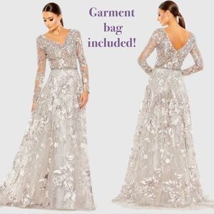 Mac Duggal Silver Floral Sequin Embroidered V‑Neck Wedding Gown